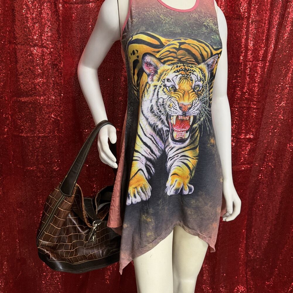 Y2K Tiger Dress Shirt Bling Sleeveless Sz Med Mesh‎ Back Rhinestones Beach Cover - Picture 9 of 14